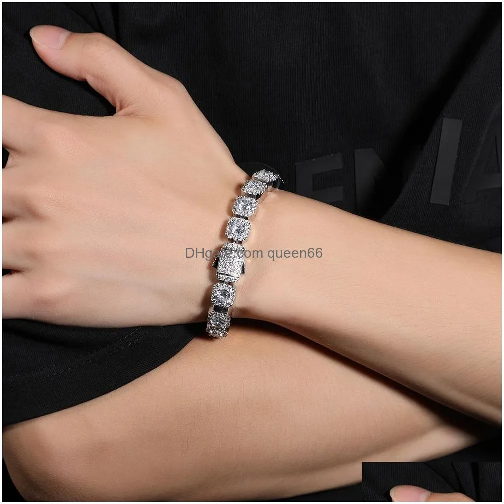 10mm flowerful square rock sugar geometric spring buckle punk bracelet cubic zirconia tennis lovely top quality hiphop necklace full iced out cz