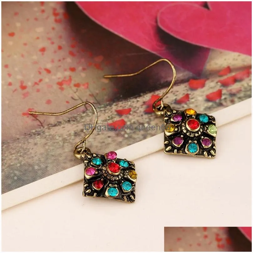  bohemian ethnic vintage golden colorful crystal earrings for women fashion square hook dangle earring jewelry gift