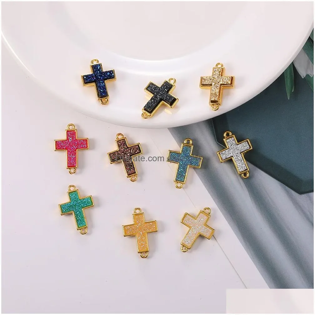  fashion cross druzy resin stone pendant for bracelet bangle necklace gold cute 10 color diy charm jewelry accessories