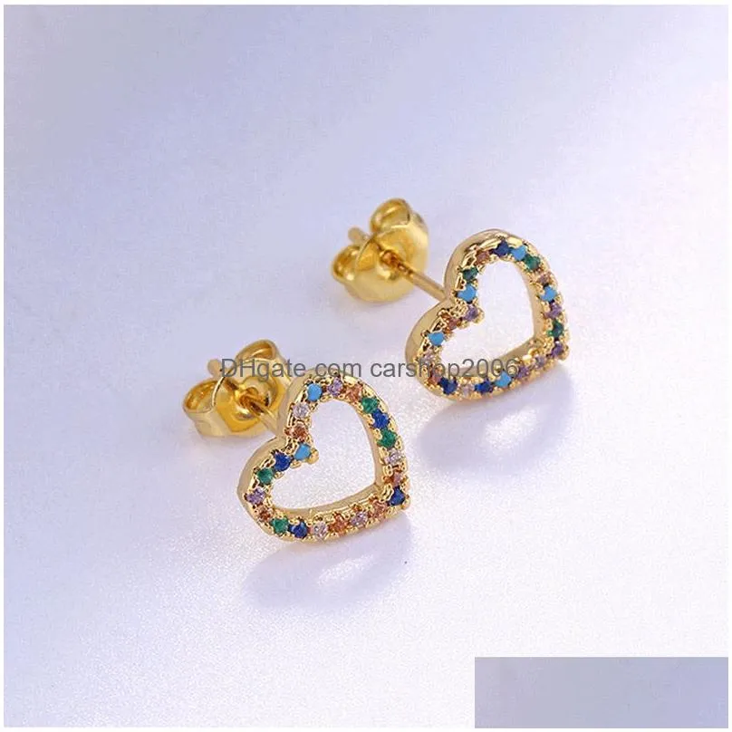  rainbow cubic zirconia love lips arrow tree eye stud earrings for women girls fashion copper plated 18k gold cz earring jewelry