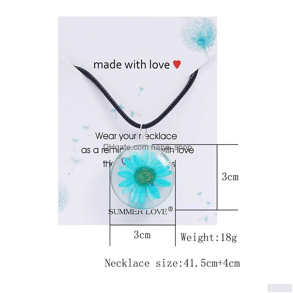 fashion cute sunflower glass dried flower pendant necklace leather rope chain design for women good luck charm jewelry gifts 2021