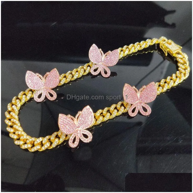 12mm iced out diamond women mens necklace jewelry cuban link chains gold silver pink butterfly hip hop necklaces