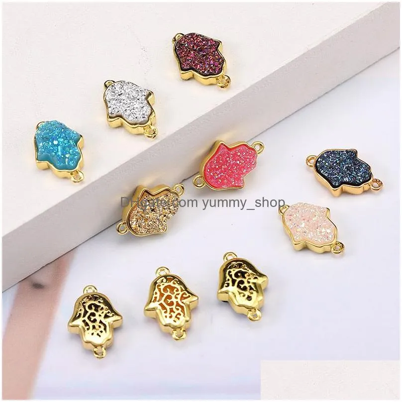  fashion fatima hamsa hand druzy resin stone pendant for bracelet bangle necklace gold cute 10 color diy charm jewelry