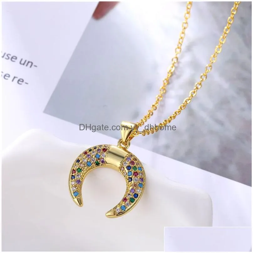 925 sterling silver rainbow cz pendant necklaces crescent moon long gold chain women moon zircon pendant necklace jewelry