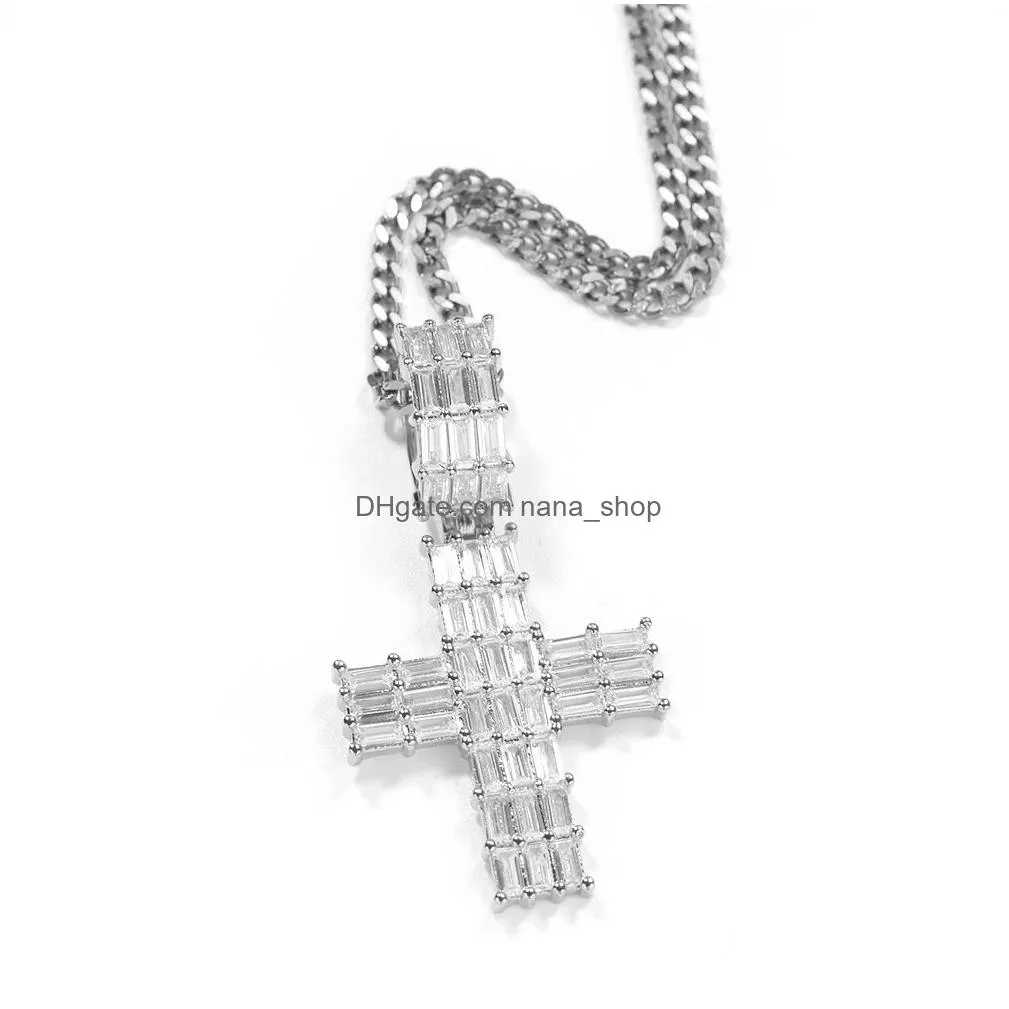 mens hip hop cross necklace cz tshaped square stone bling iced out pendant necklaces gold silver diamond statement jewelry gift