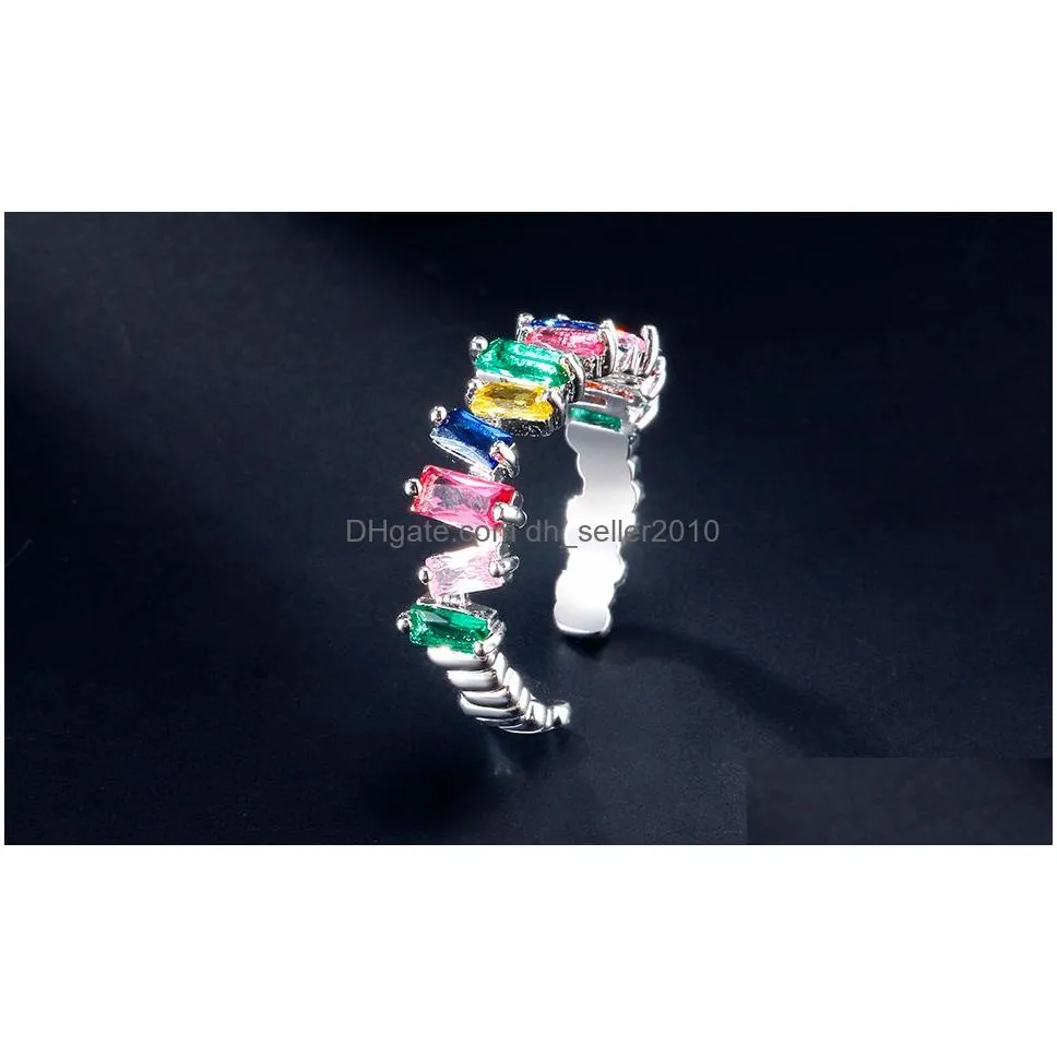 baguette cz rainbow open cuff rings exquisite colorful irregular cubic zircon finger rings engagement wedding ring party jewelry gifts