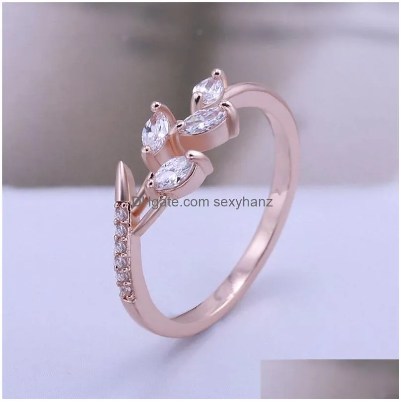 2019 fashion leaf crystal engagement rings womens eternity wedding band rings for female copper inlaid zircon rings jewelry gifts