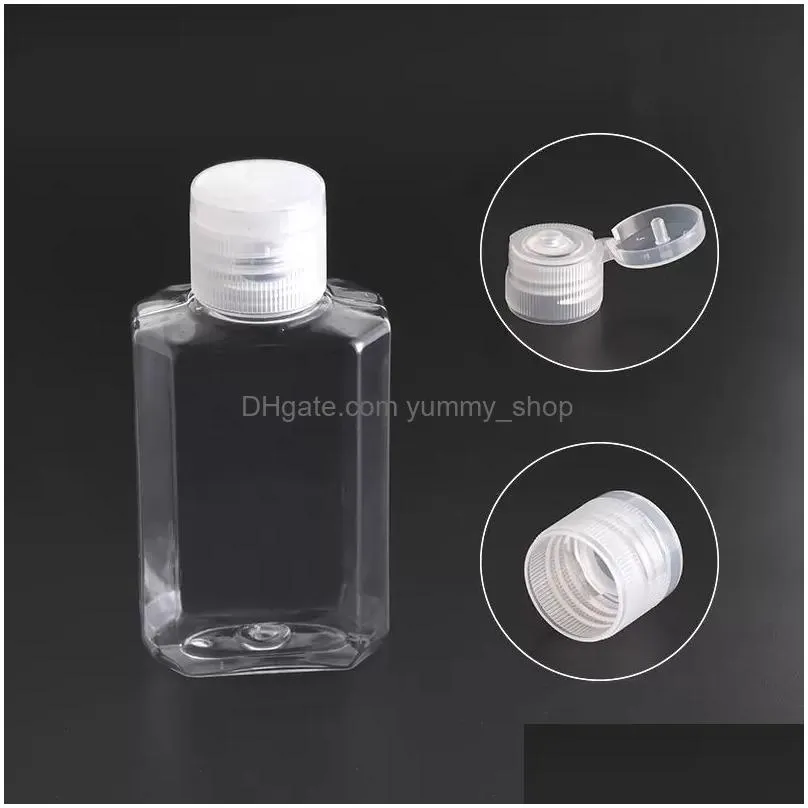 30ml 60ml empty pet plastic bottle with flip cap transparent square shape bottle for makeup fluid disposable hand sanitizer