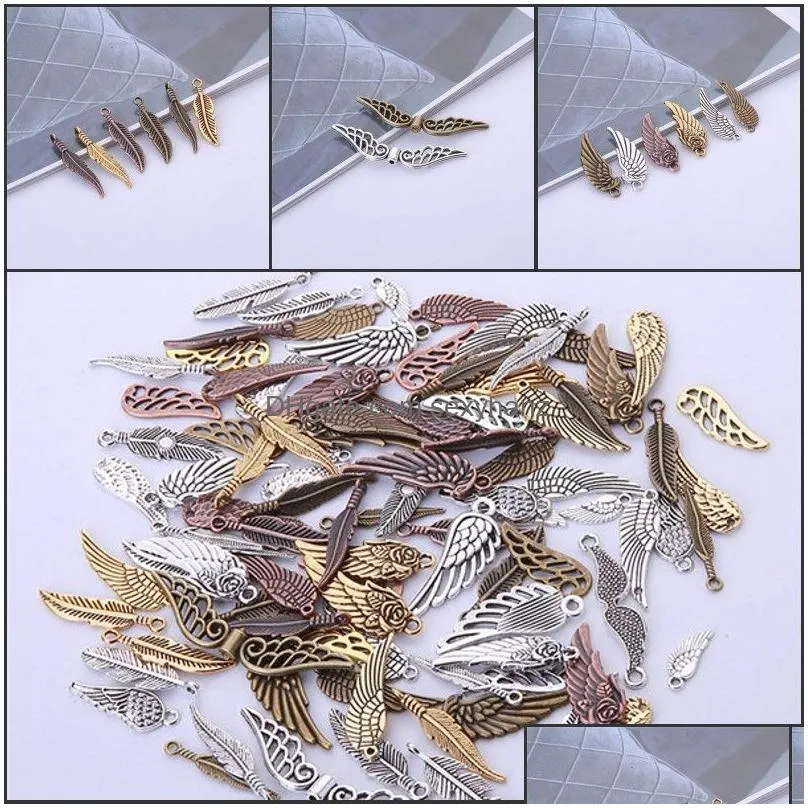 100pcs retro angel wings leaf feather bracelet earrings necklace pendant diy jewelry accessories mobile phone decoration
