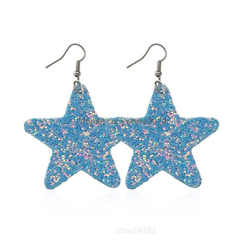 6.2x3.5cm fashion fivepointed star leather earrings for women bohemian earrings paillette glitter earrings party wedding jewelry