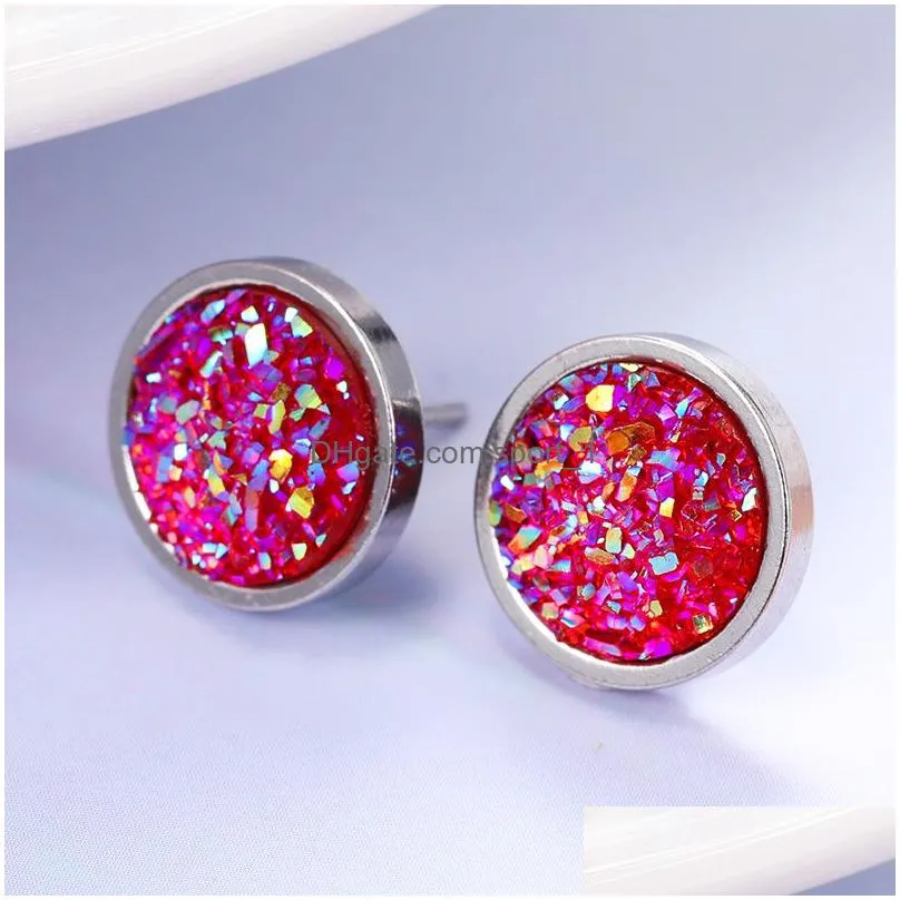  arrival 12mm handmade round crystal druzy stud earring for women men silver color titanium steel earring fashion jewelry gift