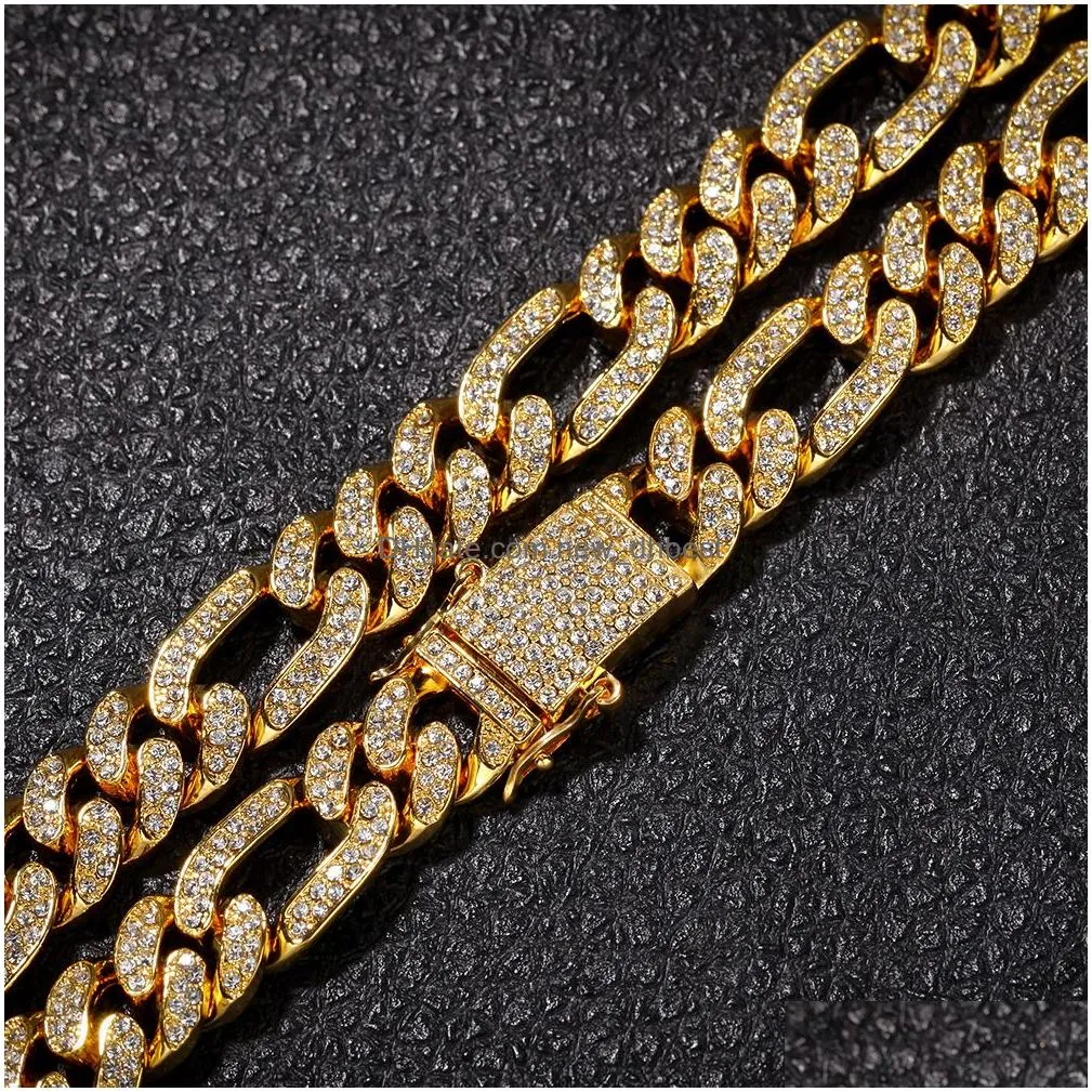figaro chains necklace 13mm hiphop silver/gold color iced out rhinestones cuban links necklaces mens hip hop jewelry