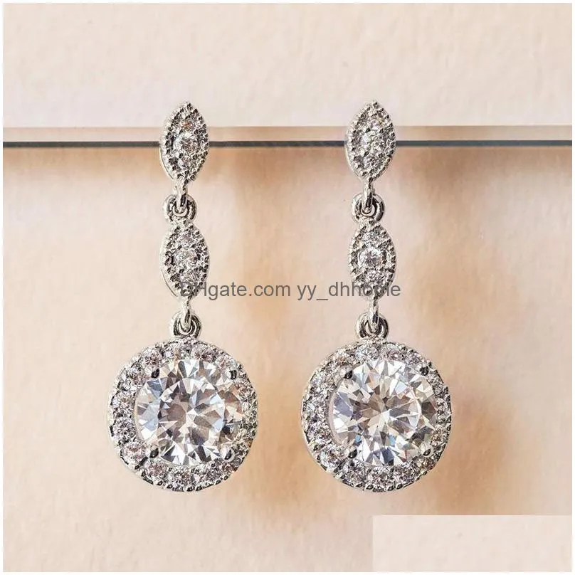 fashion round cubic zirconia dangle earring for women girl elegant cz micro pave 925 silver earring pin bride wedding party jewelry