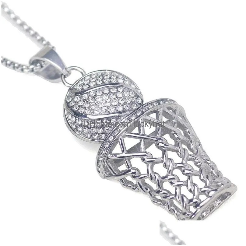 hip hop bling iced out full rhinestone basketball pendant necklace stainless steel sport long necklaces for mens jewelry