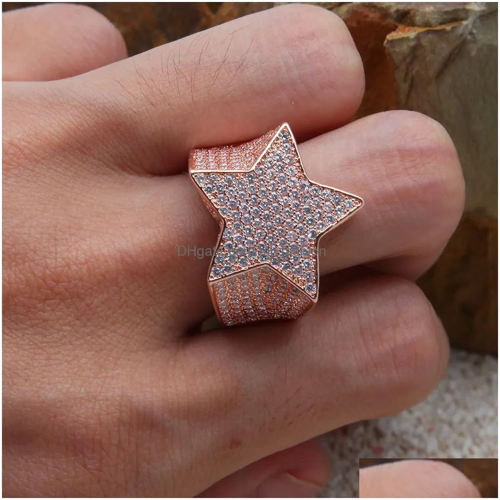 iced out diamond rings copper gold silver rosegold color plated cz star shape hip hop jewerly ring mens jewelry
