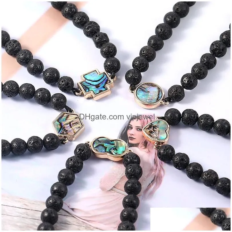 high quality natural lava stone beaded strands bracelets abalone shell cross heart round charm handmade braided bracelet fashion jewelry