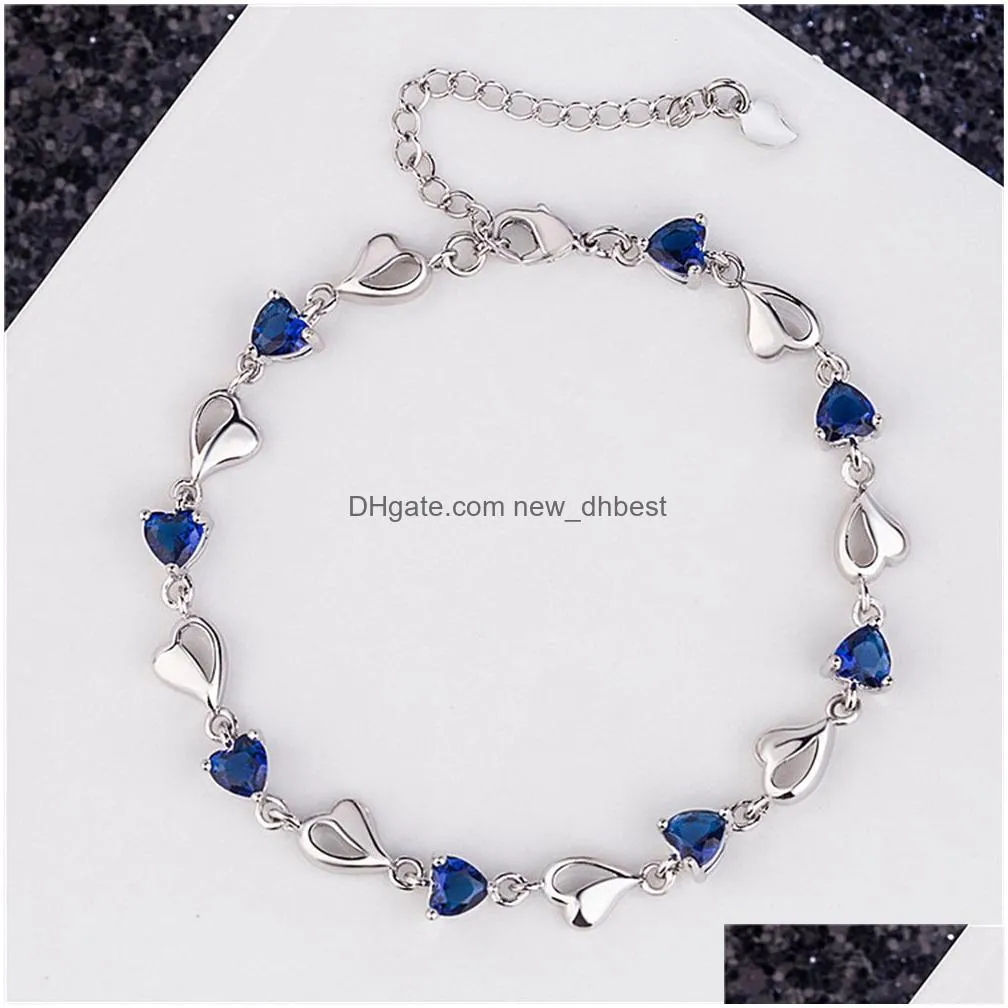 fashion copper metal link bracelets silver color crystal sky blue cubic zircon heart love chain bracelet girls valentine day gift couple jewelry