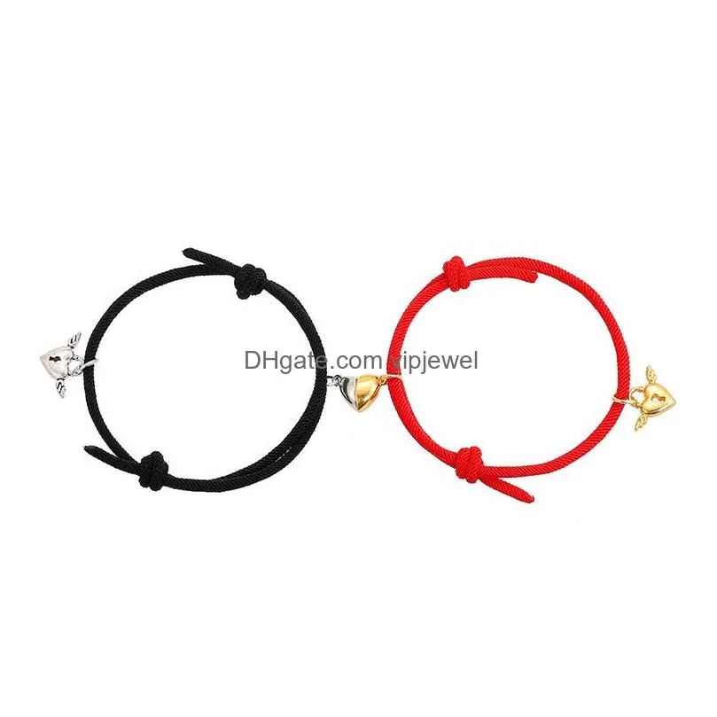 cute heart charms connection couple bracelets handmade adjustable link lover relationship bracelet magnetic jewelry set wholesale valentines day