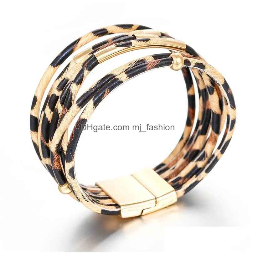 trendy leopard leather bracelets for women blink copper beads wraped multilayer magnetic clasp bracelet wholesale jewelry gift