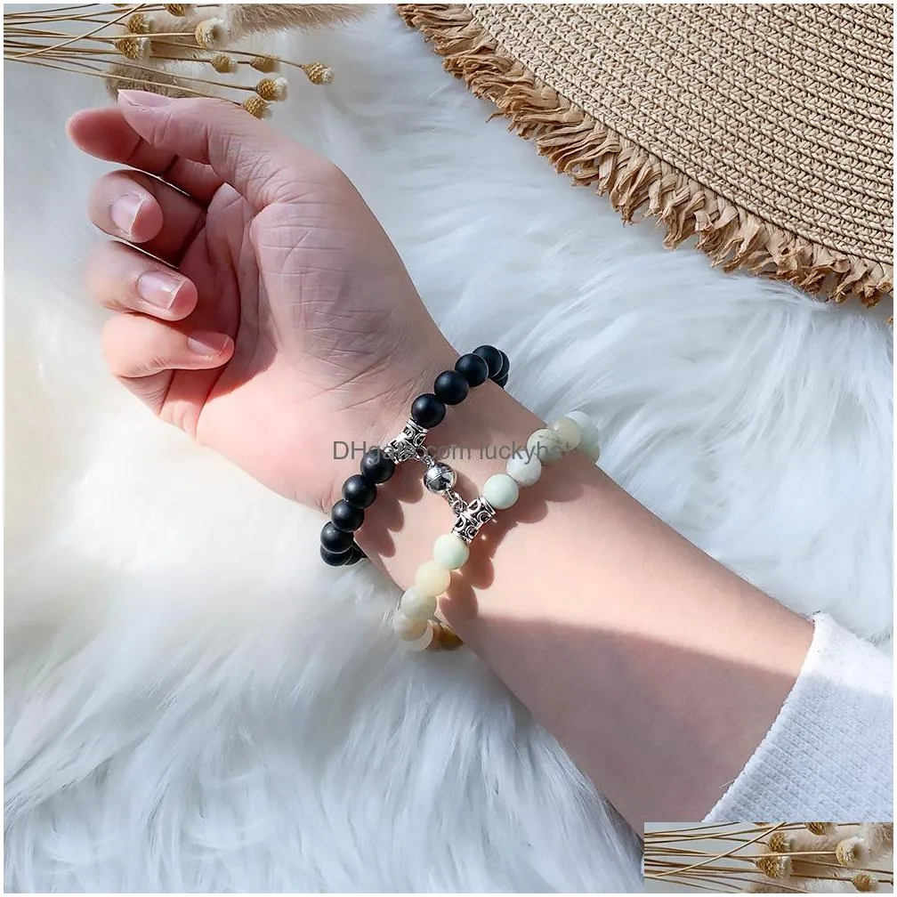 newest fashion 2pcs /set natural stone couple beaded strands bracelets designed for lovers magnet attact each other women men friendship