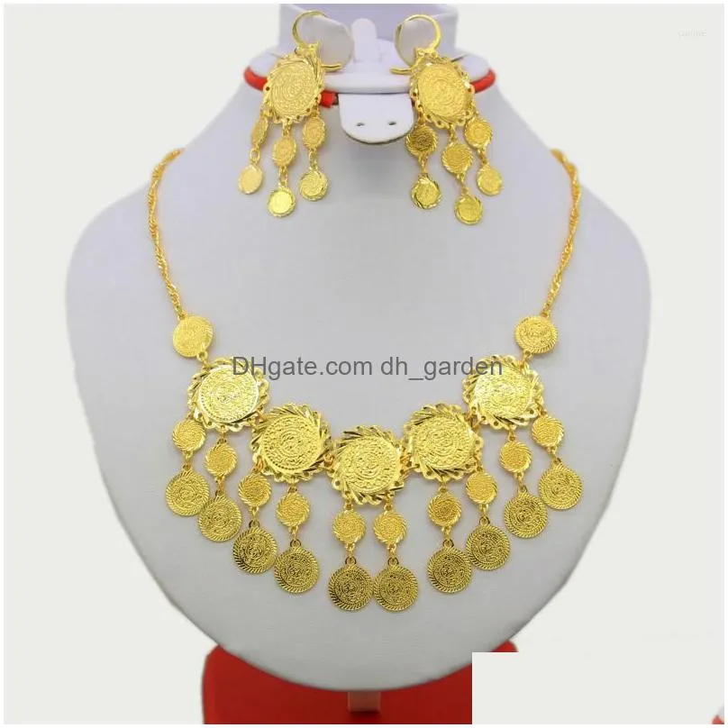 necklace earrings set arab coin jewelry women gold color necklace/earrig/bracelet muslim