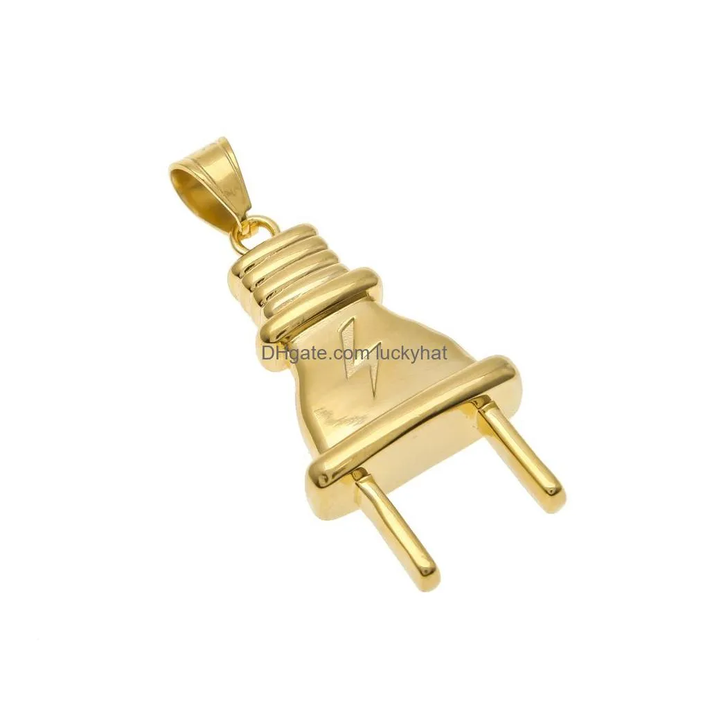 14k gold plated mens hip hop lighting plug pendant necklace with 70cm long cuban link chain jewelry