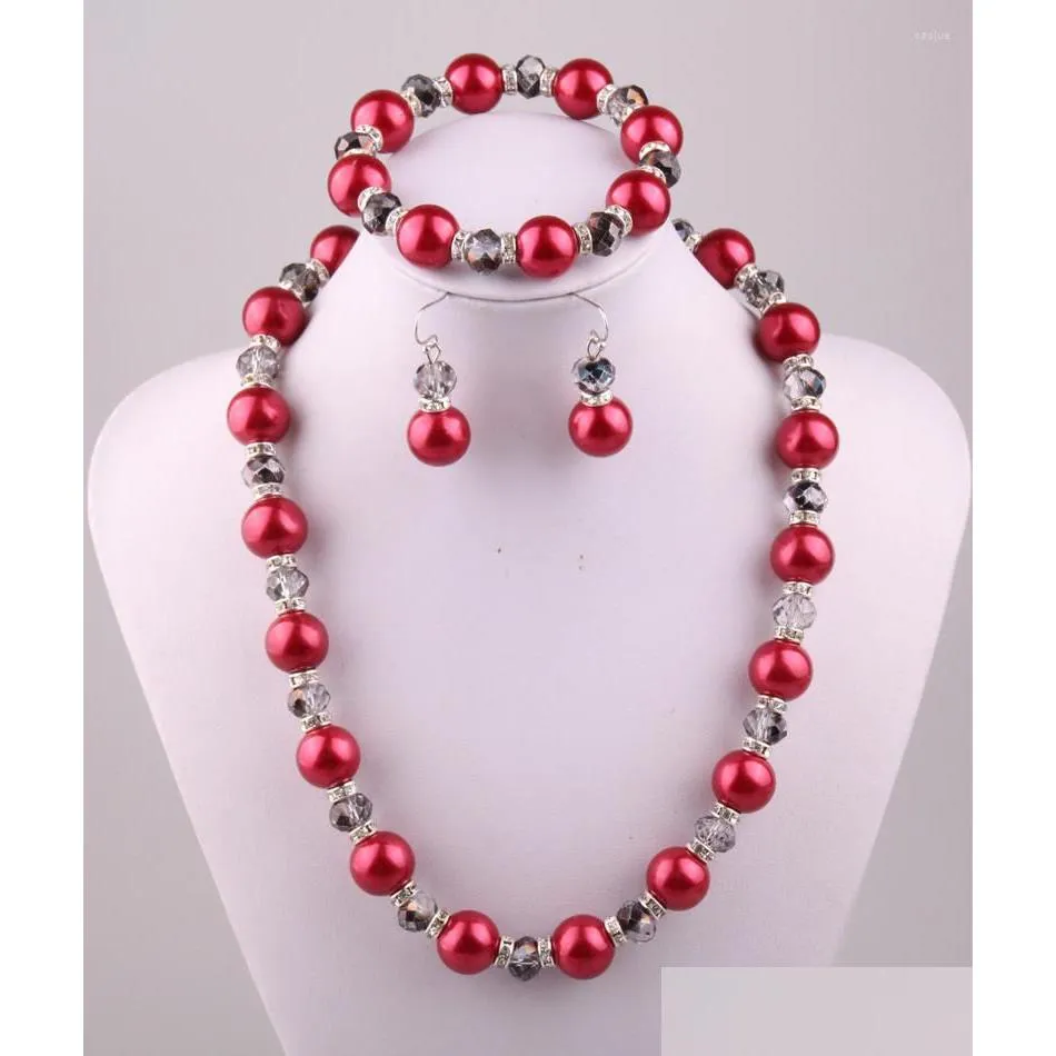 necklace earrings set 14mm red pearl and 10mm grey translucent crystal glass beads bracelet earring jewelry