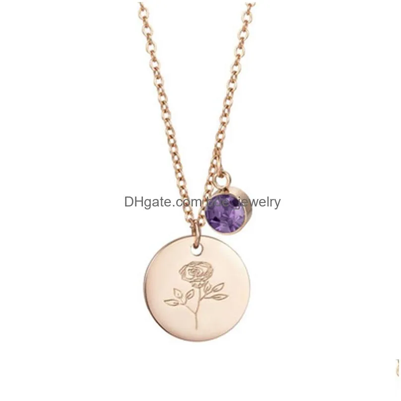 shiny birthstone 12 months flower necklace dainty rose gold coin engraved stainless steel pendant necklaces for women gift mothers day