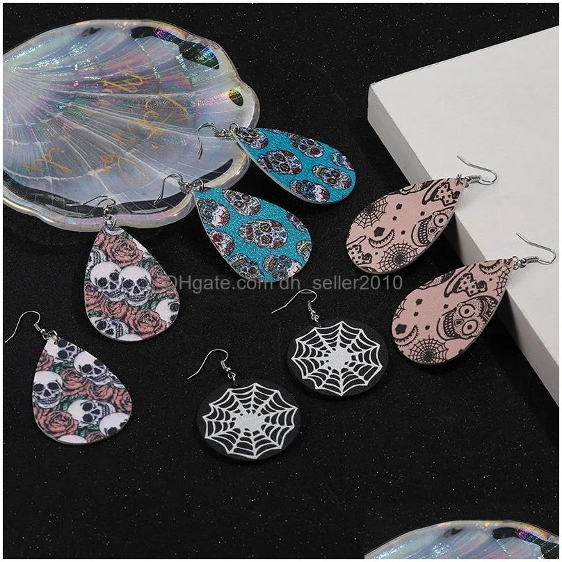 2019 new christmas halloween leather earrings for women girls teardrop pumpkin owl cat witch flowers skull print petal drop earrings