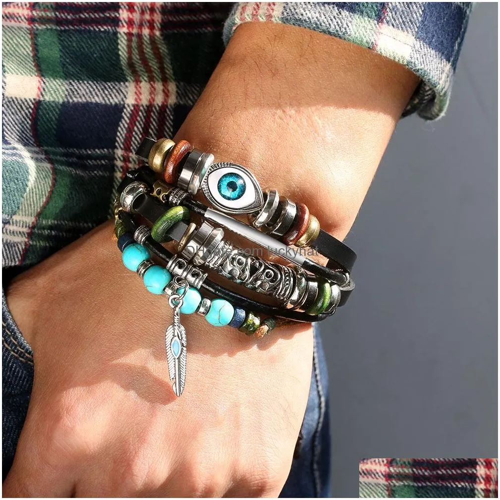 vintage evil lucky eye multilayer leather bracelet for women men adjustable size wood alloy beads charm bracelet fashion jewelry gift