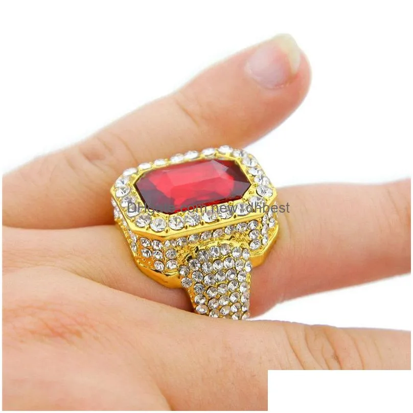 red gem diamond rings fashion jewelry hip hop style 18k gold plate ring for men
