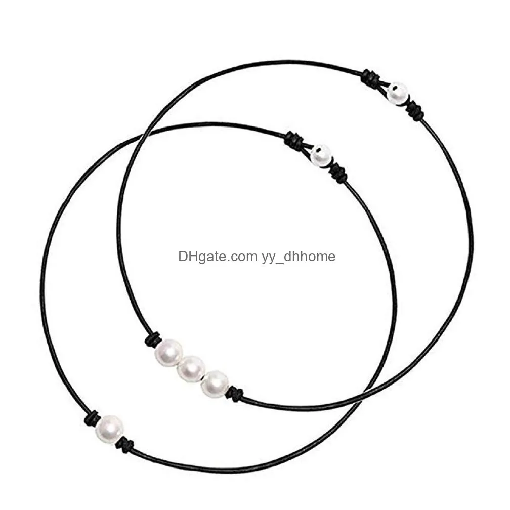 fashion pearl necklace for women and men handmade black leather cord choker necklace street punk jewelry