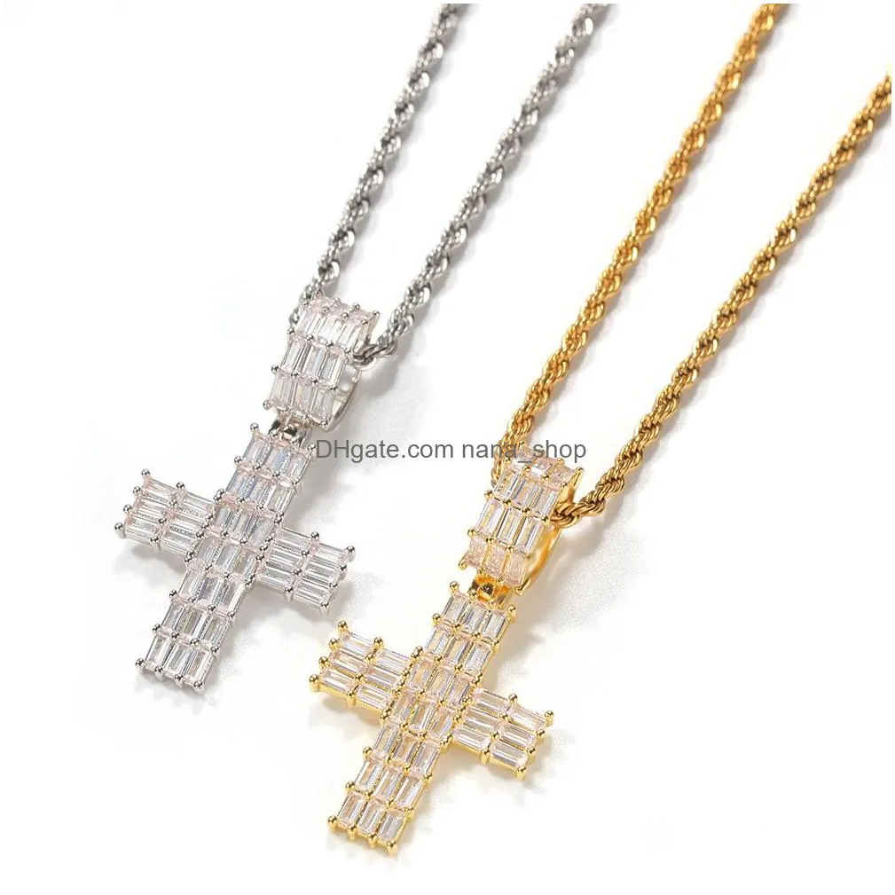 mens hip hop cross necklace cz tshaped square stone bling iced out pendant necklaces gold silver diamond statement jewelry gift