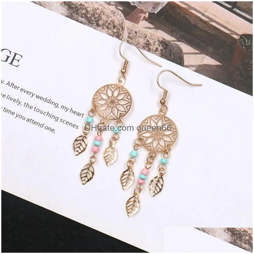 new fashion vintage ethnic leaf dangle earrings bohemia dream catcher long tassel earring with seed bead personalized for women jewelry