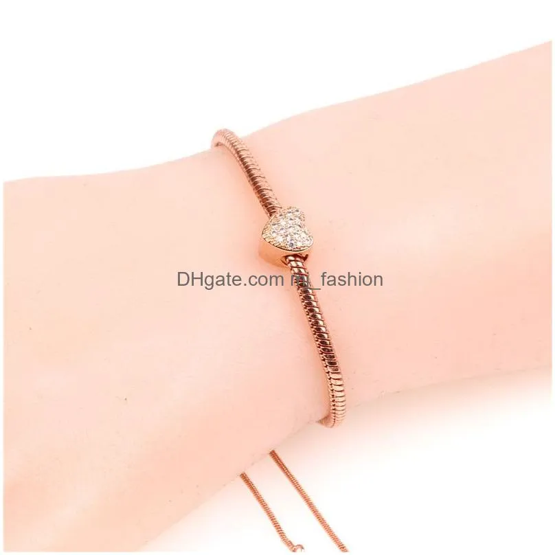 fashion heart love crystal zircon charms bracelet for women high polishing snake chain gold silver rose gold bangle bracelet jewelry