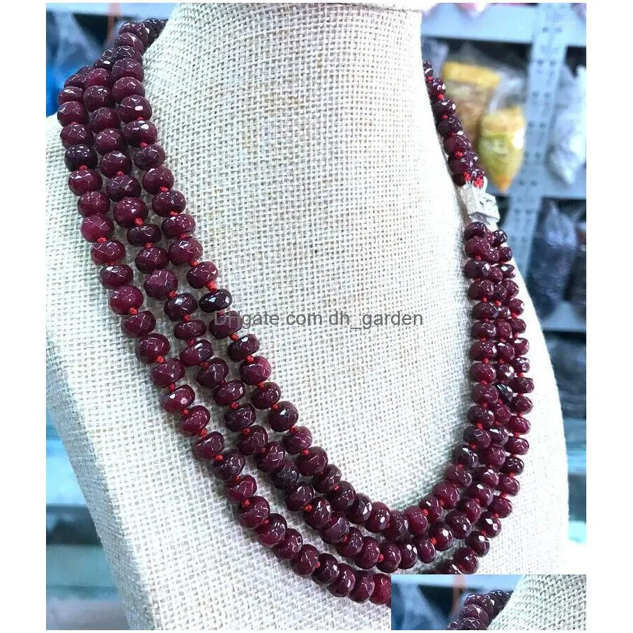 chains 3 rows faceted 5x8mm brazil ruby jade rondelle gems beads necklace 1820