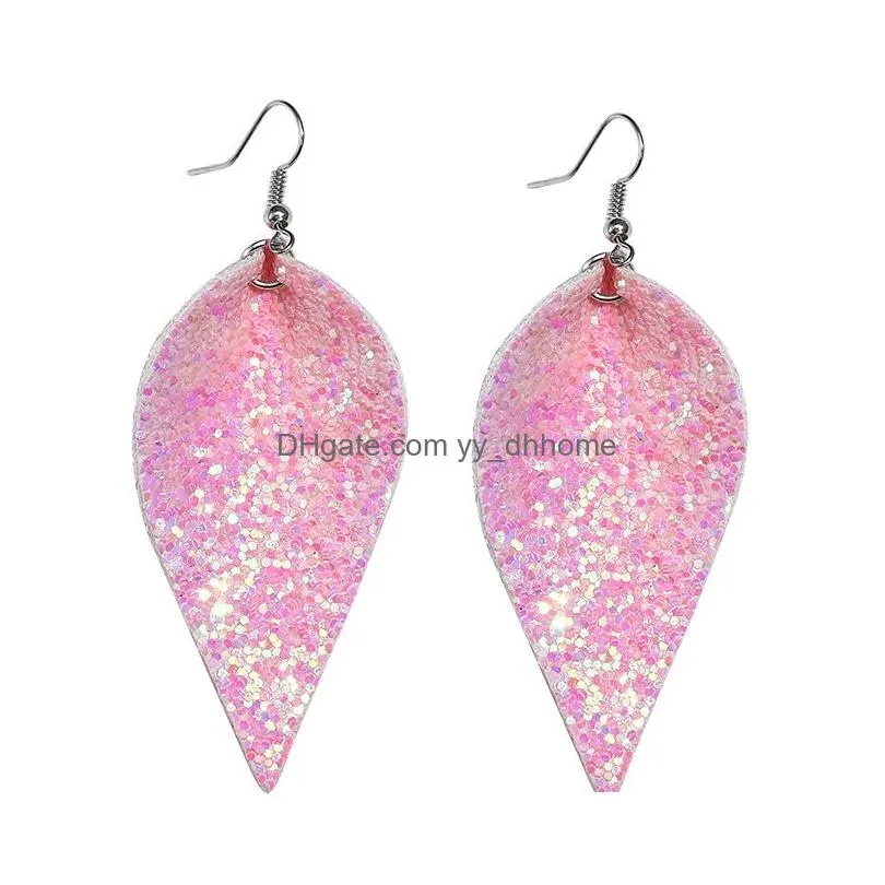 arrival fashion christmas pu leather leaf glitter dangle earring for women 6 colors sequin bling silver plating hook statement