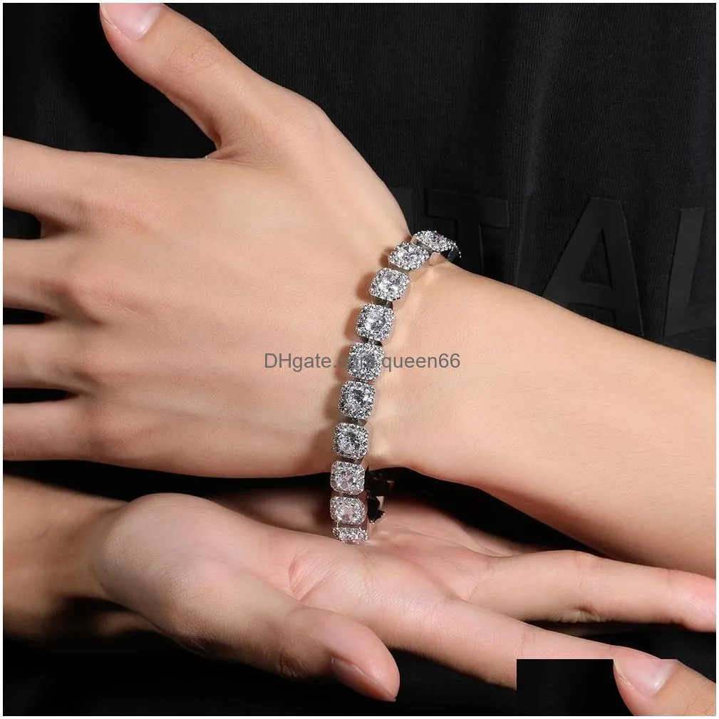 10mm flowerful square rock sugar geometric spring buckle punk bracelet cubic zirconia tennis lovely top quality hiphop necklace full iced out cz