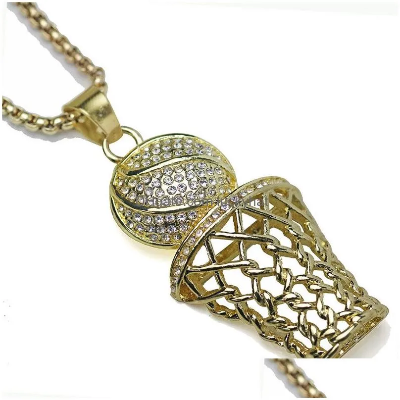 hip hop bling iced out full rhinestone basketball pendant necklace stainless steel sport long necklaces for mens jewelry