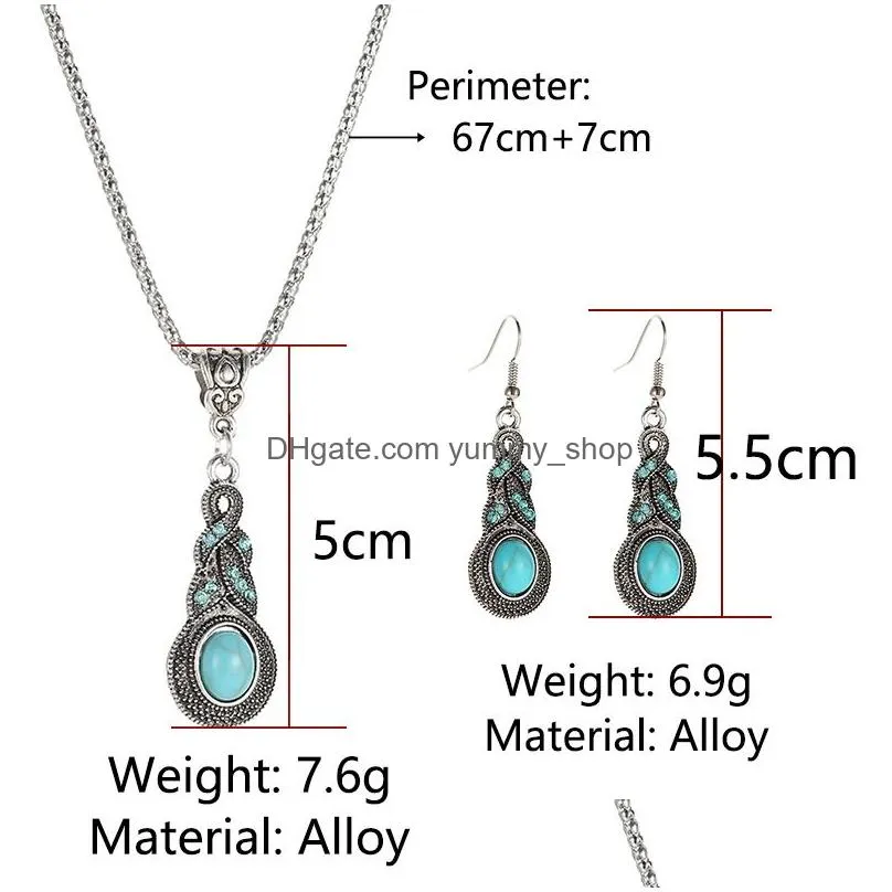 retro turquoise jewelry sets for women bohemian personality blue crystal necklace earrings vintage party wedding jewelry set