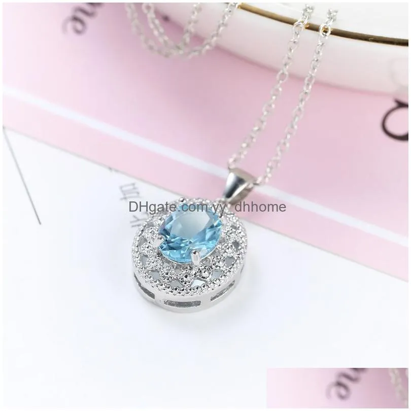2021 est arrival blue crystal glass round gemstone pendant necklace for women silver stainless steel chain fashion wedding jewelry