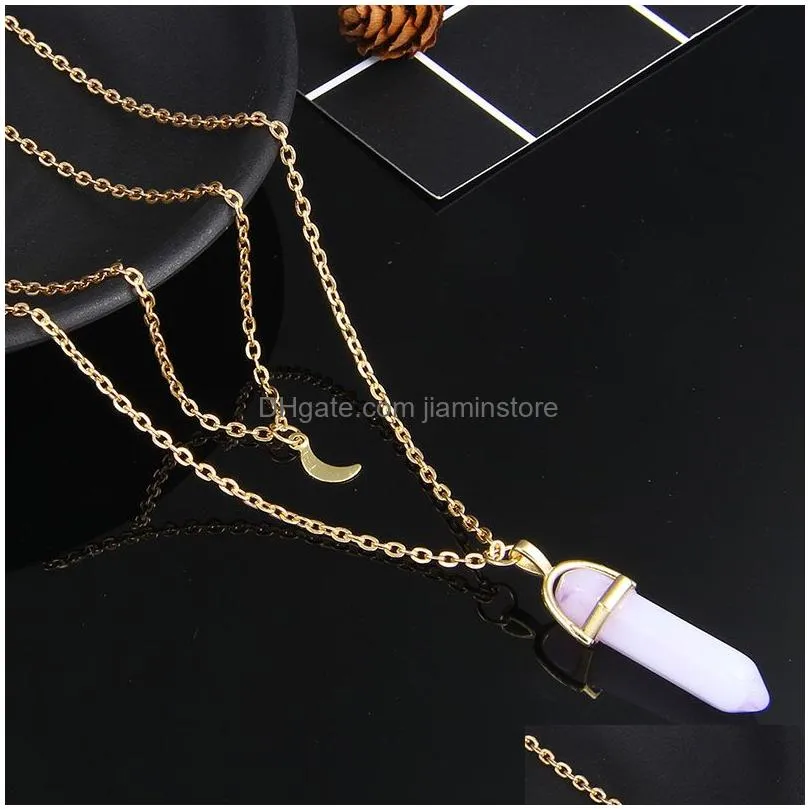 fashion geometric natural stone moon pendant high quality double layer chain necklace for women adjustable sweater accessories gifts