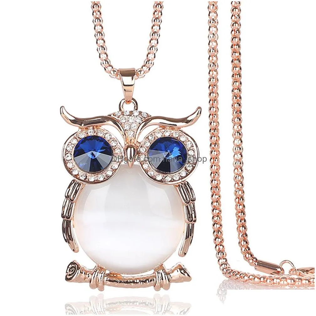 vintage charm owl pendant necklace women rhinestone crystal long sweater chain choker necklaces explosive jewelry for clothing