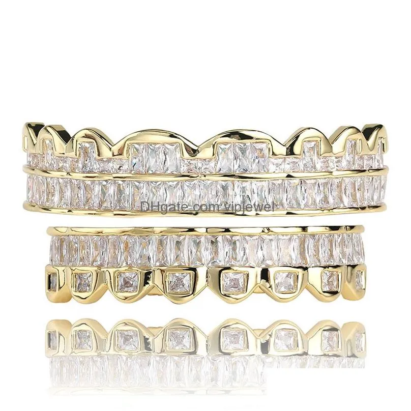 baguette gold plated with diamond teeth grillz top bottom silver color bling aaa cubic zircon grills dental mouth hip hop fashion jewelry rapper