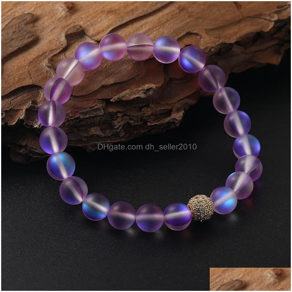 12 colors moonstone flash stone beaded bracelet for women men 8mm dull polish frosted glass beads cz micro pave ball charm bracelet