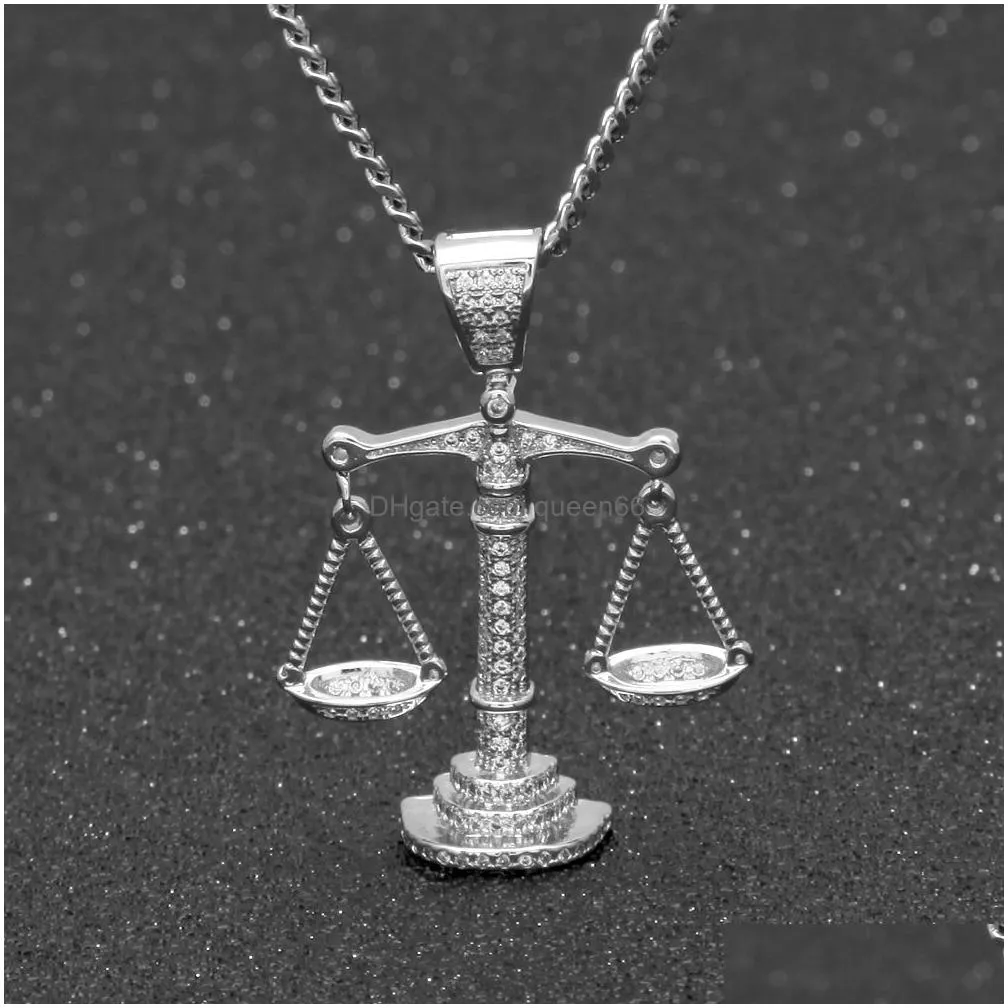 iced out zircon balance libra scale pendant silver gold copper material mens hip hop pendant with cuban link chain necklaces