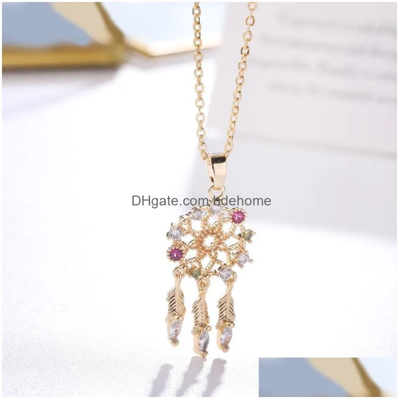 2019 new womens dream catcher leaf feather tasssel pendant necklace round hollow copper inlaid zircon clavicle chain jewelry gift