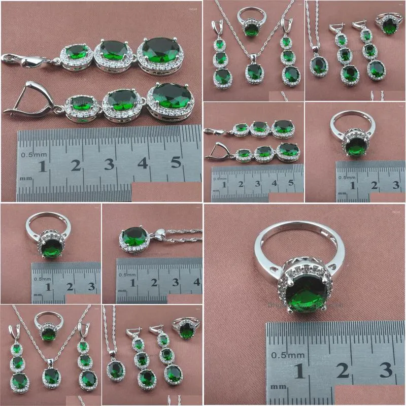 necklace earrings set amazing green zirconia womens wedding silver plated pendant ring gift box tz0120