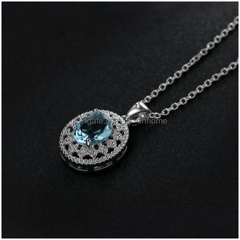 2021 est arrival blue crystal glass round gemstone pendant necklace for women silver stainless steel chain fashion wedding jewelry