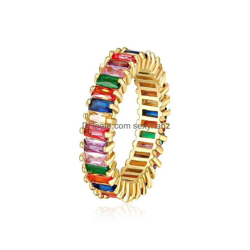 2019 fashion jewelry rainbow square baguette cz engagement ring for women gold copper cubic zirconia colorful eternity band ring